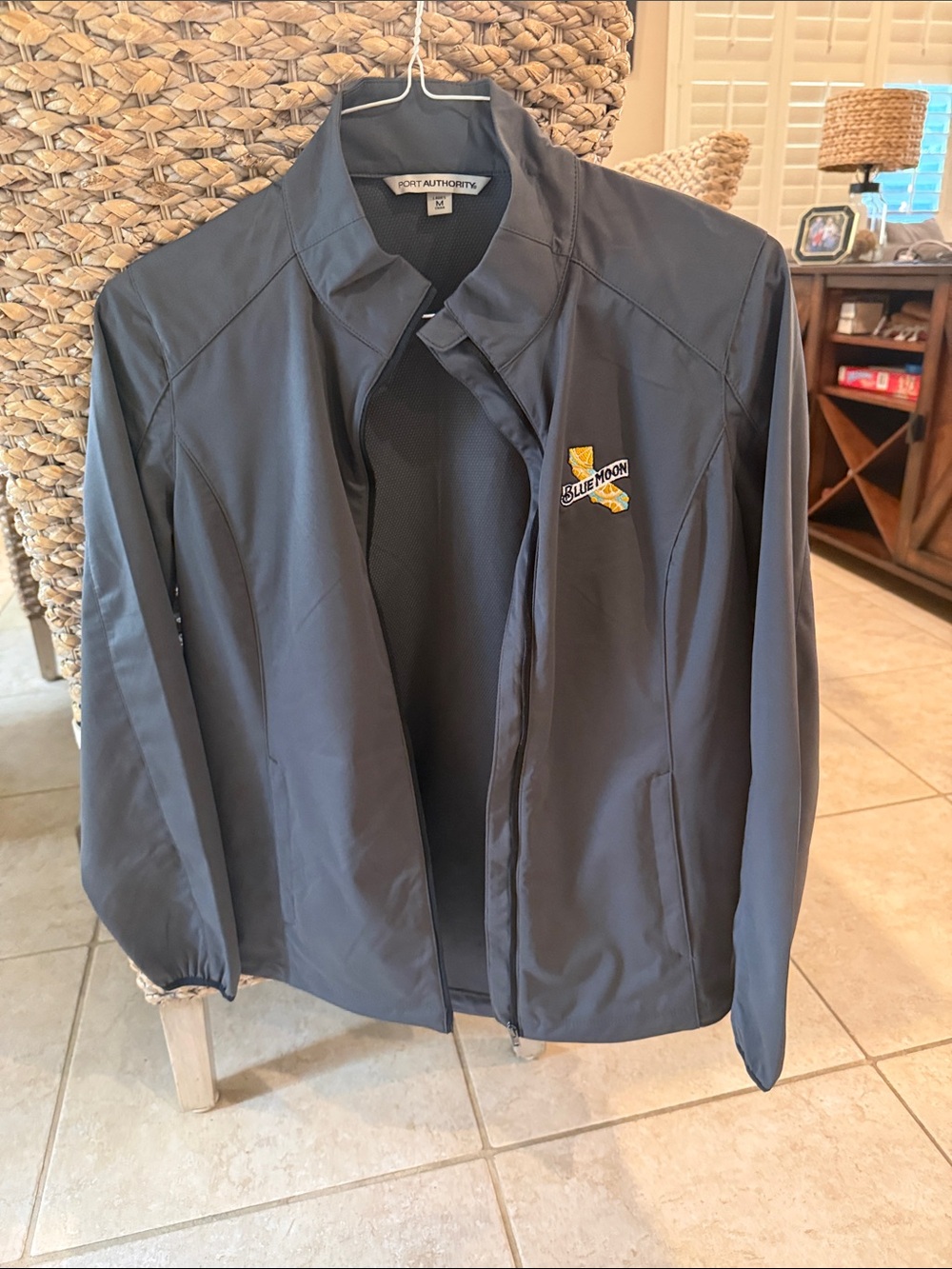 Port Authority Grey Windbreaker with Embroidered Blue Moon Logo